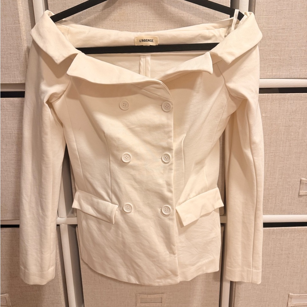 L'AGENCE Cream Off-Shoulder Double-Breasted Blazer
